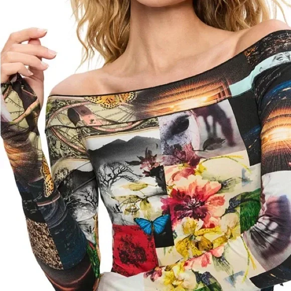 Alice + Olivia Multicolor Floral Patchwork Off-Shoulder Crop Top - Picture 3 of 6